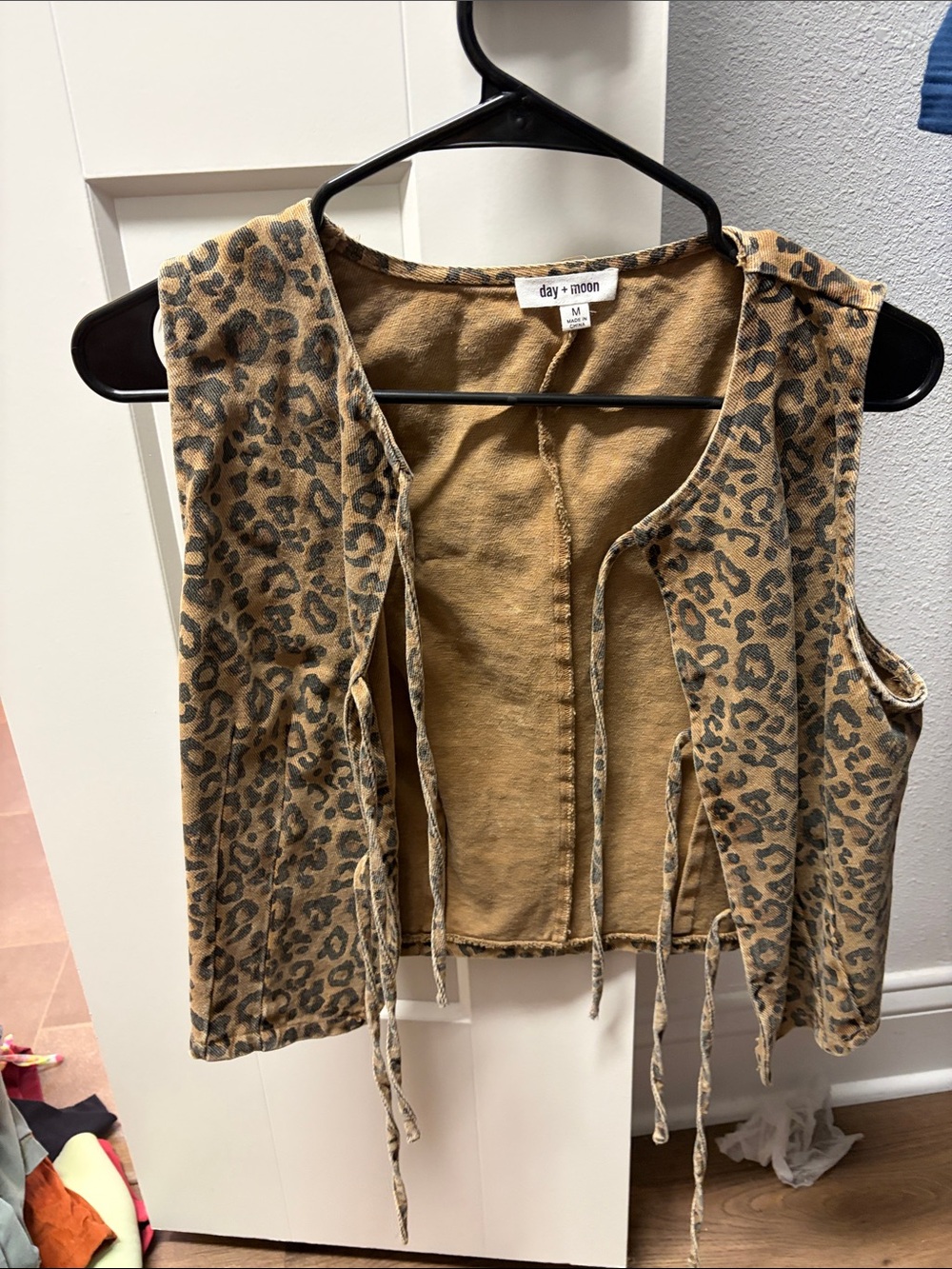 day + moon Leopard Print Tie-Front Vest in Tan